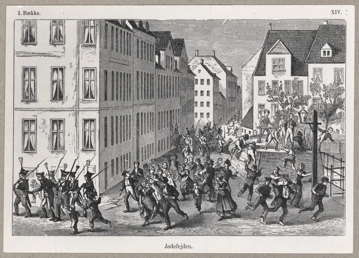 Peter Klæstrup (1820-1882) tegnede i 1977 denne tegning af Jødefejden i 1819. Det vil sige, at Klæstrup ikke selv havde set fejden, men hans gengivelse af en ældre jøde, der beskyttes af militæret, og et opløb, der spredes af hestgarden, svarer til virkeligheden.