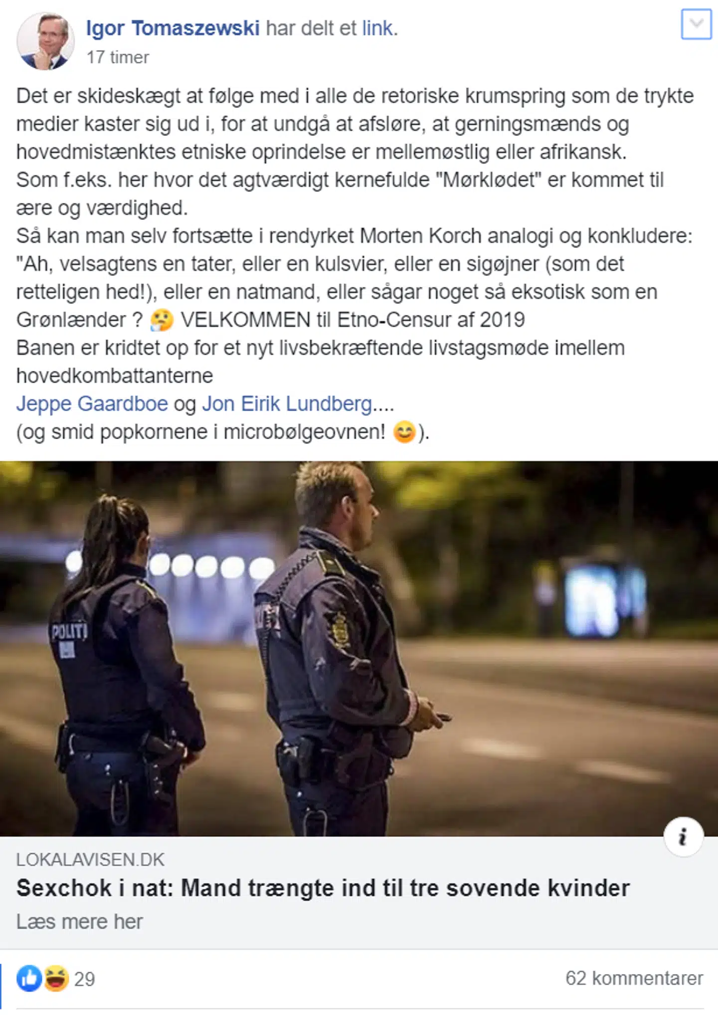 Opslag fra facebookgruppen »Fri Debat«, hvor medier kritiseres for at kaste sig ud i »retoriske krumspring« for at undgå at oplyse etniciteten på gerningsmænd.