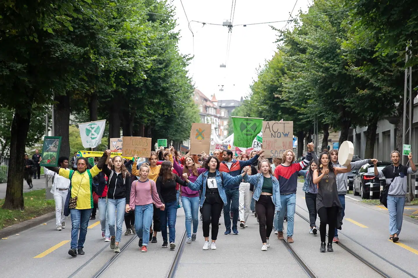 Demonstranter i Bern, Schweitz demonstrerer mod den brændende Amazonas og den brasilianske president Jair Bolsonaros politik i den forbindelse.