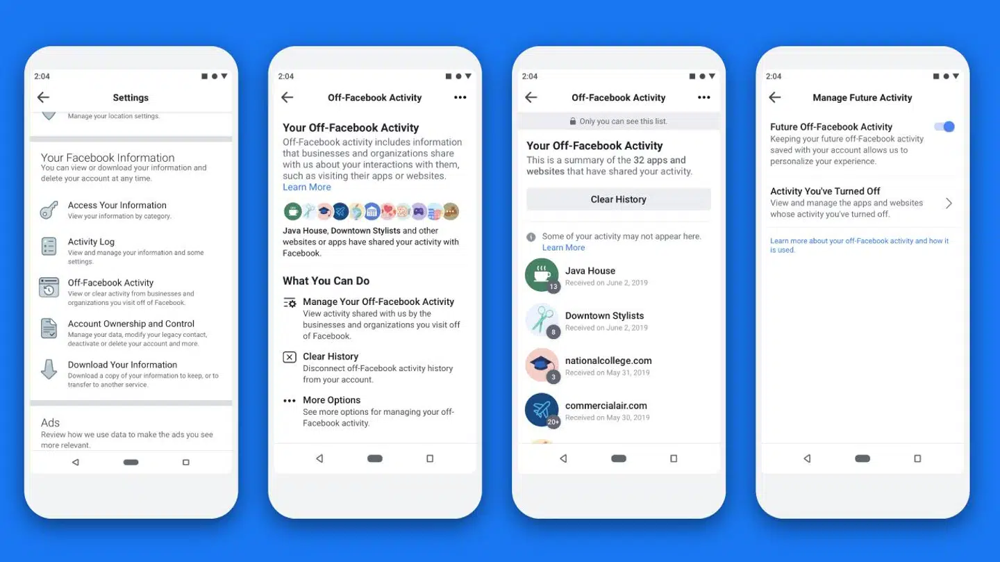 »Nu kan du se og kontrollere de data, som apps og netsteder deler med Facebook.« Sådan lyder Facebooks egen præsentation af den nye funktion, »Off-Facebook Activity«, som i første omgang irske og spanske Facebook-brugere får adgang til, og som her vises i brug på en smartphone. Foto: Facebook