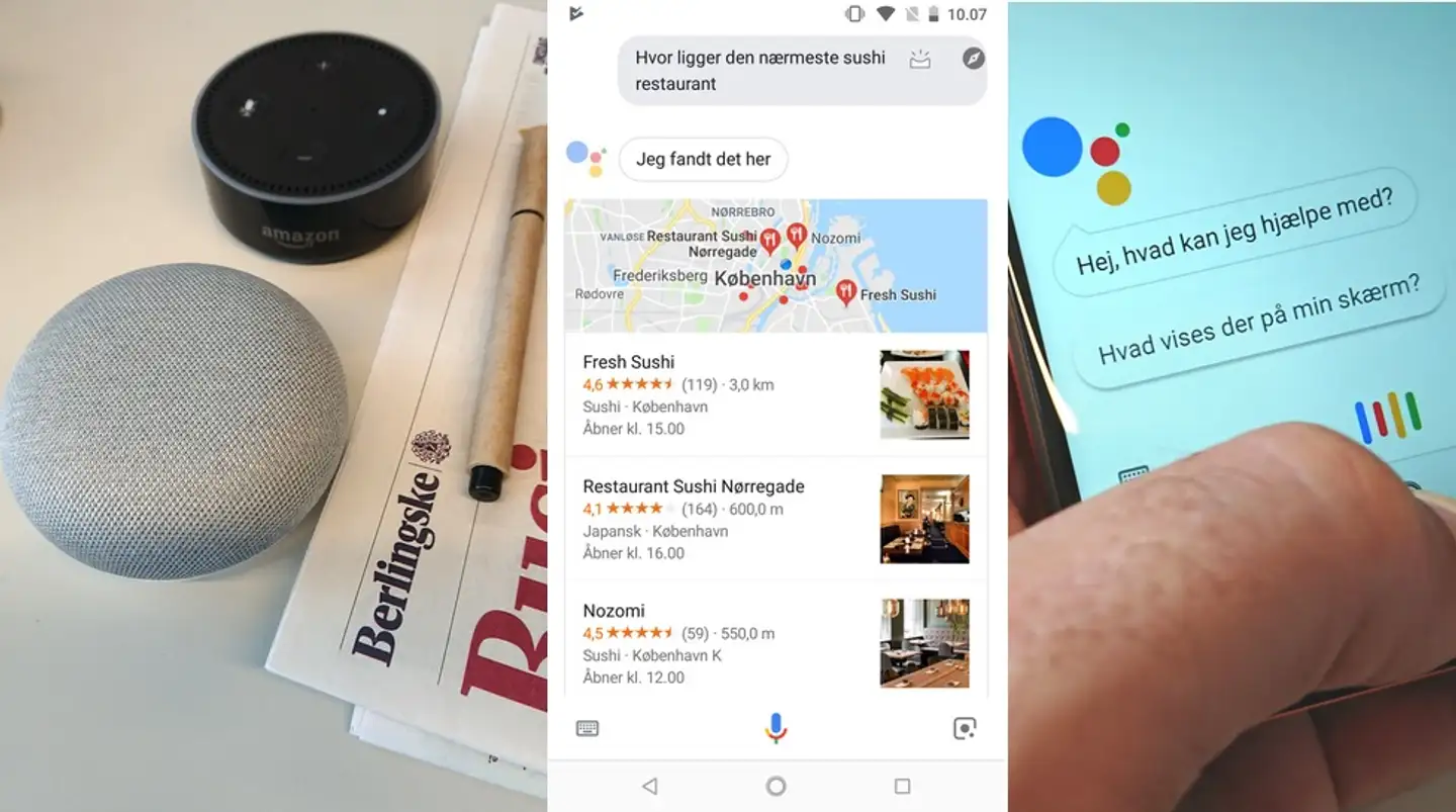 Digitale assistenter indbygget i højttalere som Google Home (grå) og Amazon Echo Dot (sort) vinder indpas overalt. Man indtaler sit spørgsmål enten gennem højttaleren eller sin smartphone (til højre), og talegenkendelsen på Googles servere vender så tilbage med (forhåbentlig) svarene, som det ses i midten.