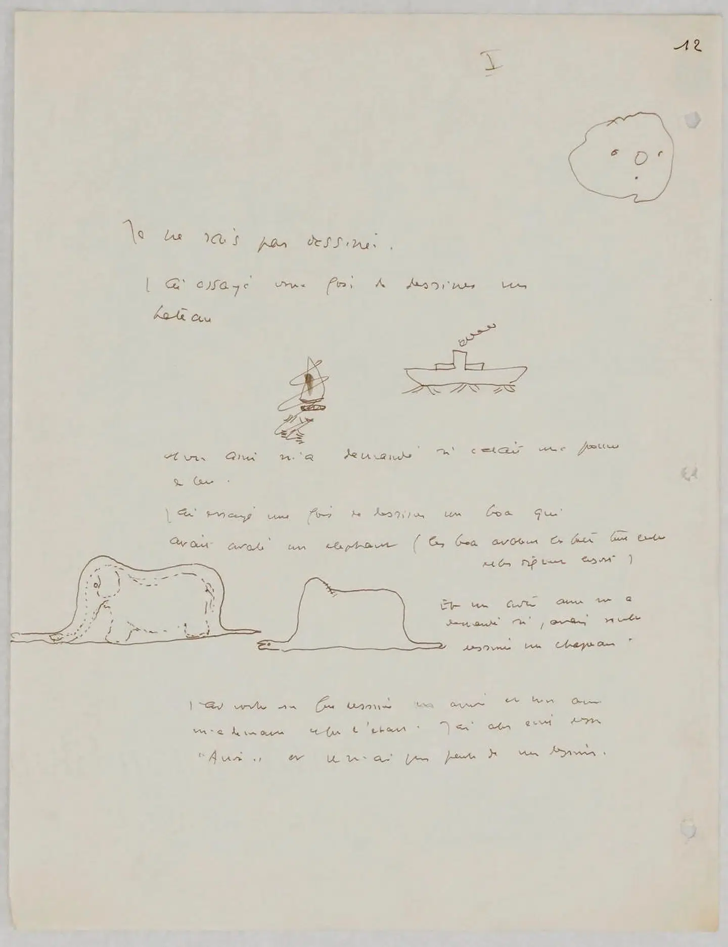 Tekst og tegning af Antoine Saint-Exupéry, som i sidste uge blev fundet i Winterthur i Schweiz. På tegningen ses slangen, der har slugt en elefant.