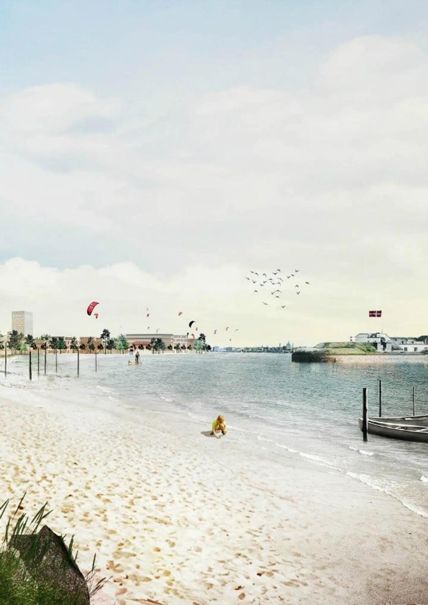 Her er vi ude på Yletteholmen. Trekronerfortet er pakket ind og Københavns havn er på vej til at blive en indsø.