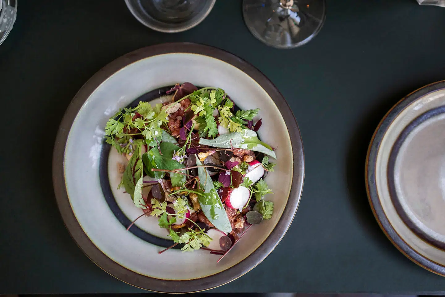 Tatar med radiser, æggecreme og masser af urter.