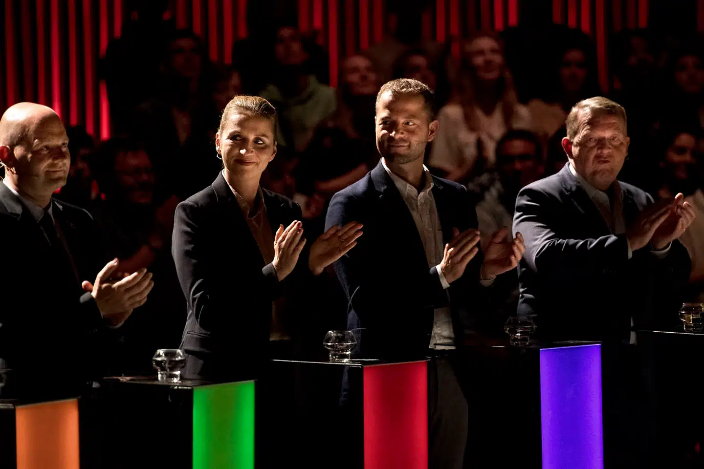 Søren Pape Poulsen, Mette Frederiksen, Morten Østergaard og Lars Løkke Rasmussen under partilederrunden op til folketingsvalget i juni.