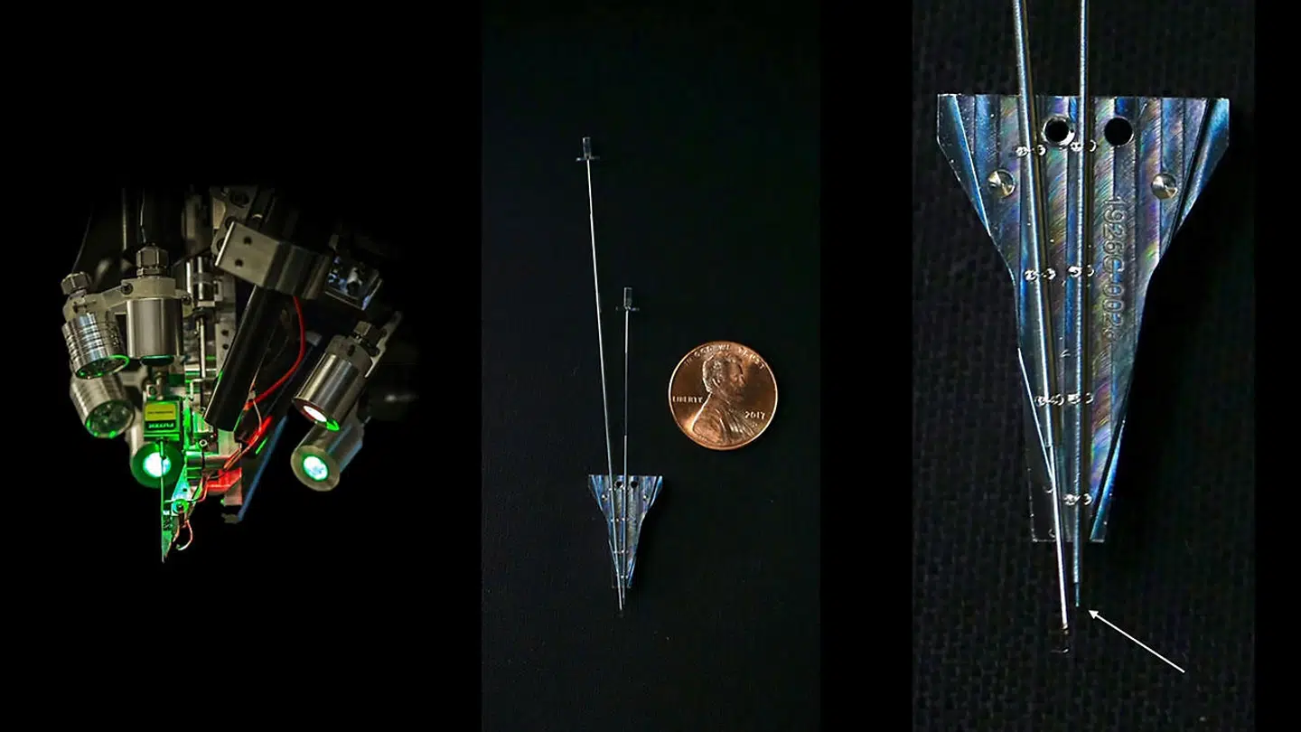 Til venstre ses den robot, der skal indoperere chippen i menneskers hjerner. De to billeder til højre viser nålen, der skal igennem hovedbunden.