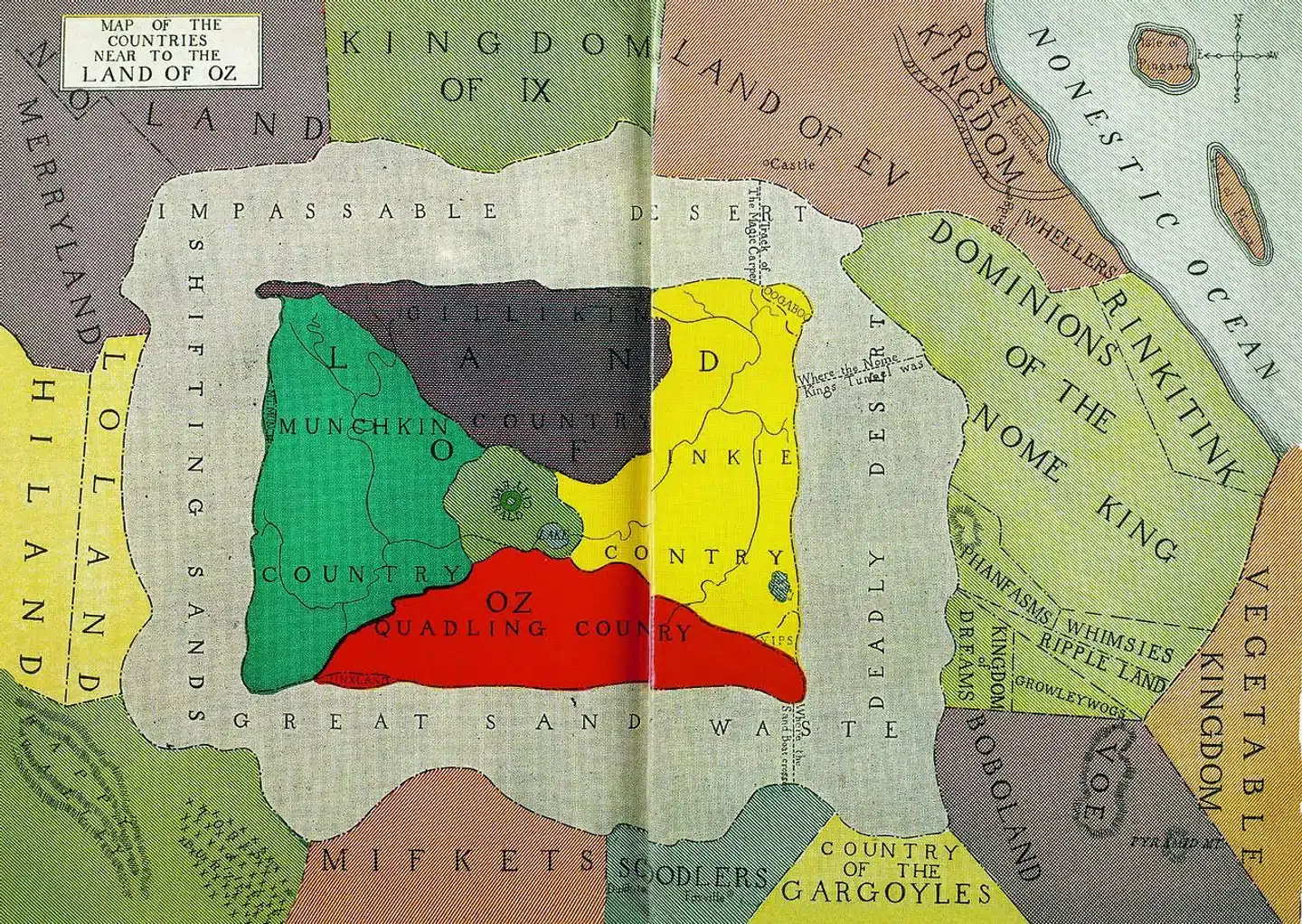 "Kort over landene nær Oz" af John R. Neill fra "Tik-Tok of Oz" af Frank L. Baum. Reilly & Britton, Chicago 1914