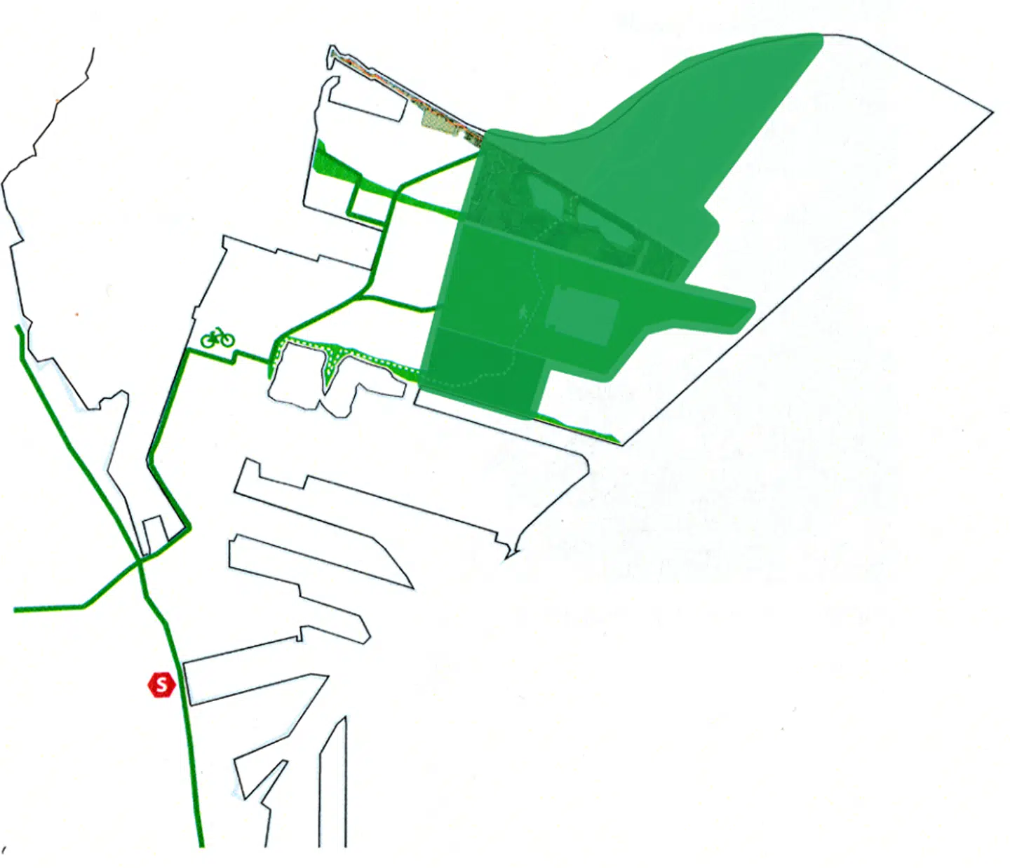 Det grønne areal svarer til det område, som Nordhavn Naturvenner ønsker at omdanne til naturpark. Foto: Nordhavn Naturvenner.