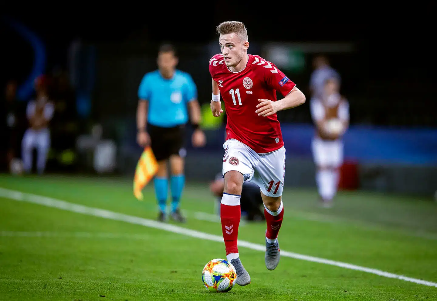Danmarks Jacob Bruun Larsen under U-21 EM kampen mellem Danmark-Tyskland på Stadio Friuli i Udine, mandag den 17 juni 2019.