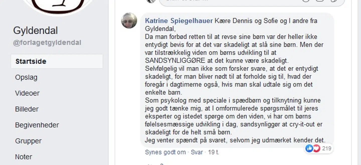 Kommentar fra Facebook-brugeren Katrine Spiegelhauer på Gyldendals opslag. Hun sammenligner bogen med dengang man afskaffede revselsesretten.