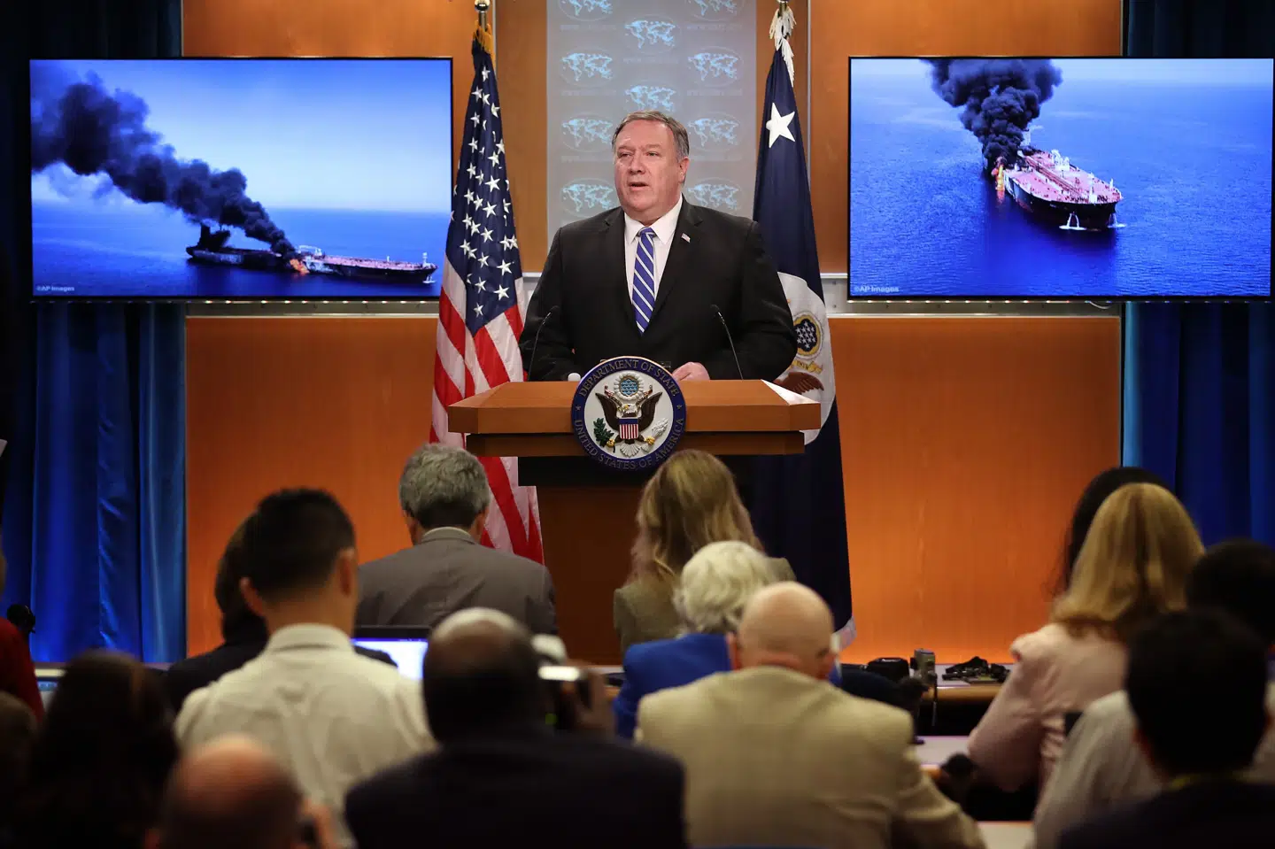 USA's udenrigsminister, Mike Pompeo, sagde sent torsdag aften dansk tid, at han mener, at Iran stod bag angreb på to tankstibe i Omanbugten. Win Mcnamee/Ritzau Scanpix