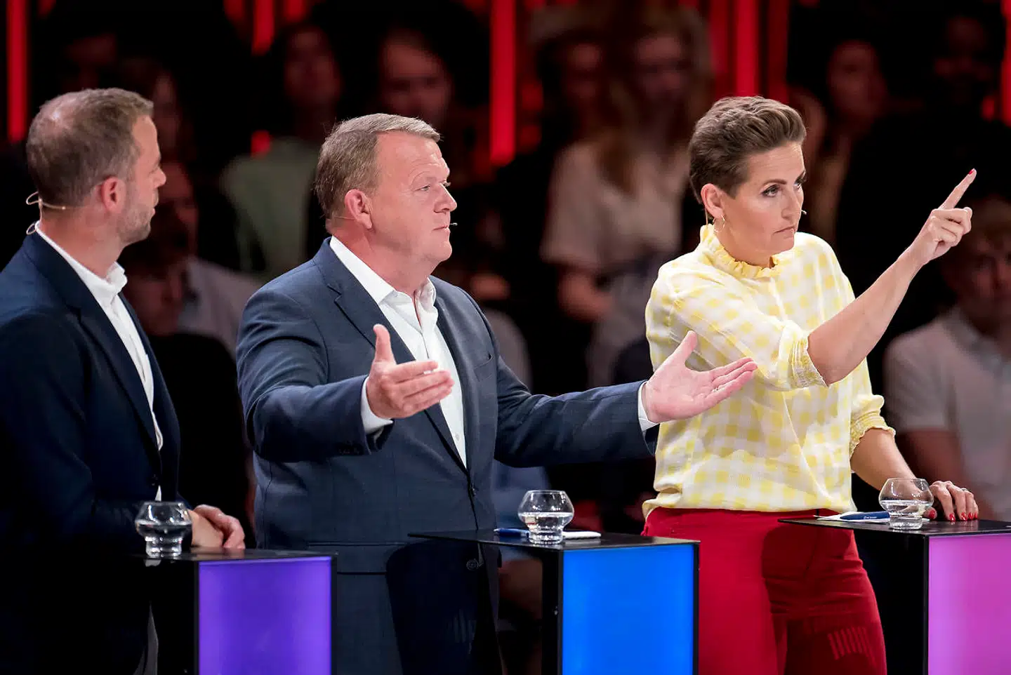 Morten Østergaard, Lars Løkke Rasmussen og Pia Olsen Dyhr under partilederrunden Demokratiets Aften hos Danmarks Radio i DR Byen i København, mandag den 3. juni 2019. (Foto: Mads Claus Rasmussen/Ritzau Scanpix)