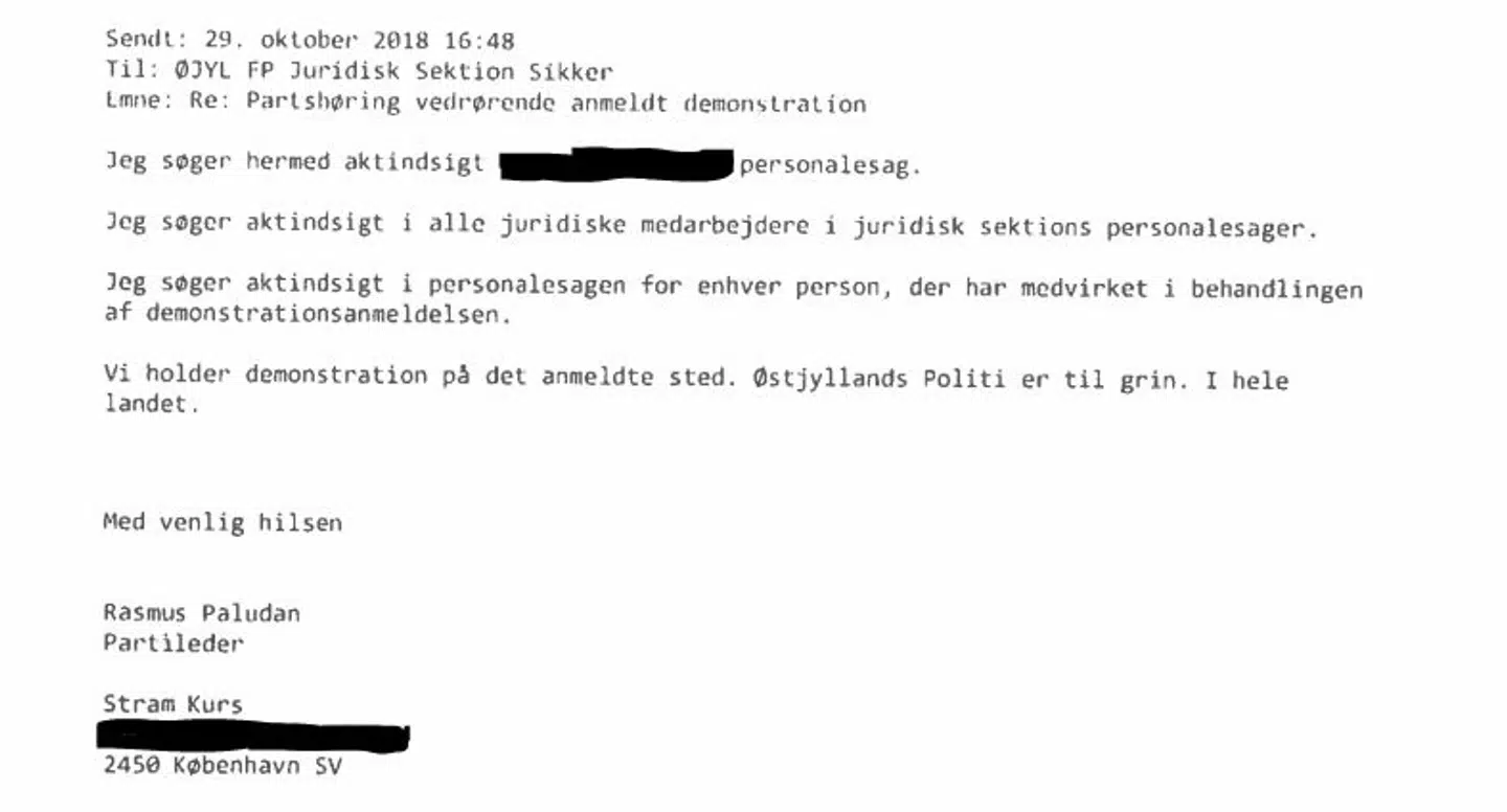 Rasmus Paludan var i efteråret 2018 utilfreds med Østjyllands Politis påbud om at flytte en anmeldt demonstration. Det fik ham til at sende en byge af aktindsigtsanmodninger afsted.