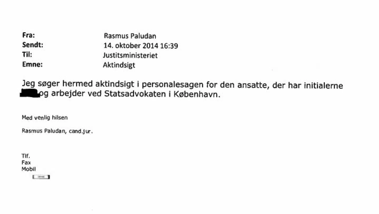 Et eksempel på Rasmus Paludans anmodninger om aktindsigter i ansattes personaleoplysninger.