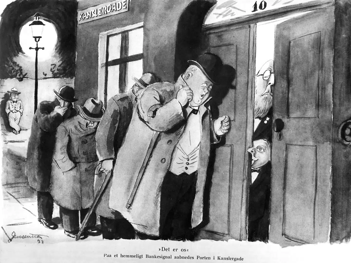 Kanslergade-forliget 30 januar 1933. "Det er os" lyder teksten til Jensenius