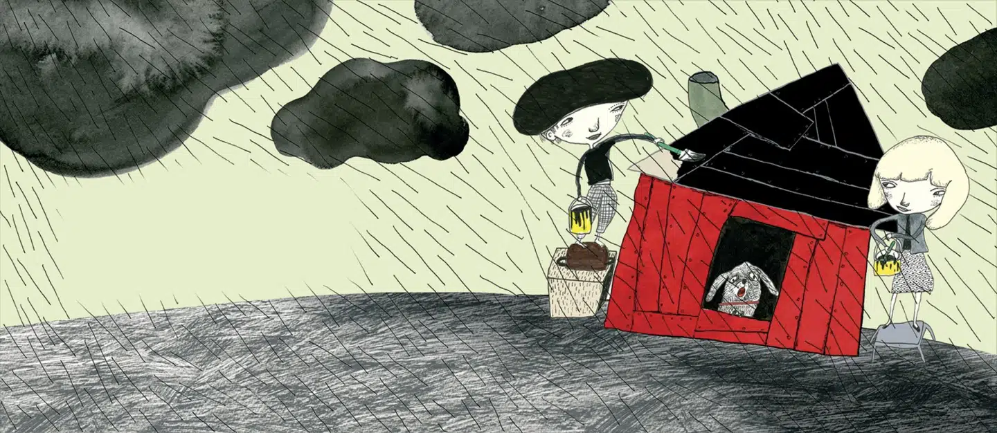 Illustration af Lillian Brøgger fra Kim Fupz Aakesons bog »Det hus som Jack (og Melissa) byggede«, hvor verden er ved at regne væk.