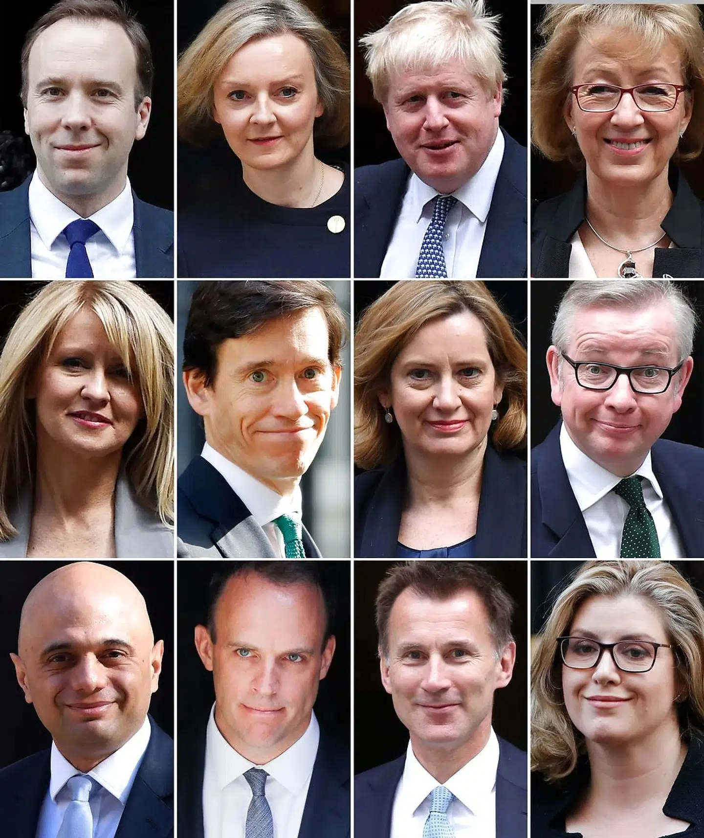 Her er nogler af de konservative politikere, som mere eller mindre åbent siden sidste sommer har ført kampagne for at blive ny formand, fra toppen til venstre: Matt Hancock, Liz Truss, Boris Johnson, Andrea Leadsom, Esther McVey, Rory Stewart, Amber Rudd, Michael Gove, Sajid Javid, Dominic Raab, Jeremy Hunt og Penny Mordaunt.