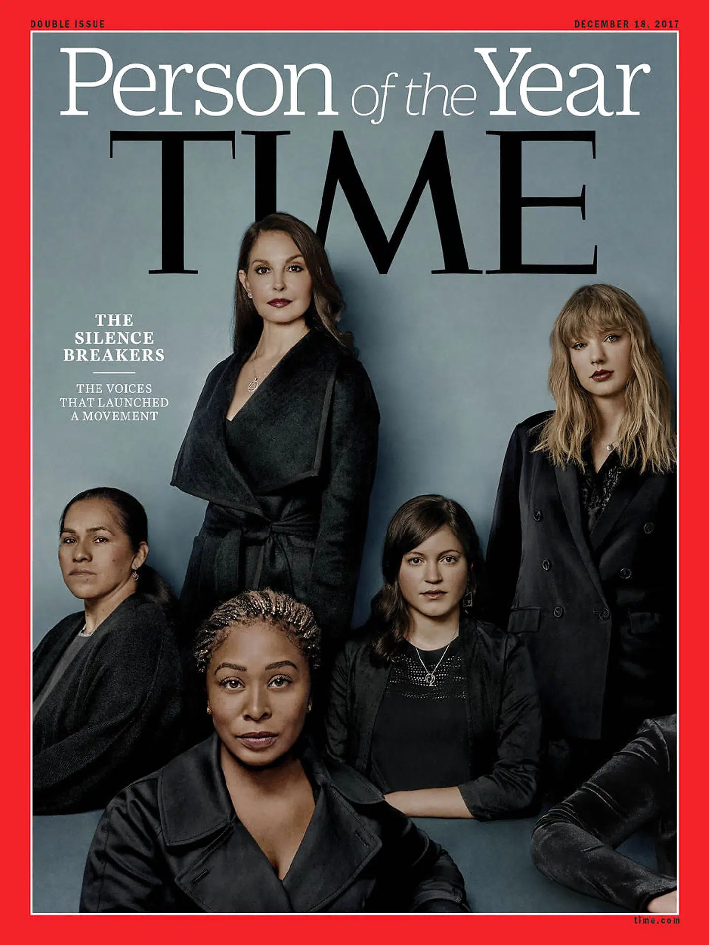 Forsiden på Time Magazine december 2017 viser »Person of the Year« for 2017: Kvinderne, der brød tavsheden, som magasinet valgte at kalde dem. De afbildede er skuespilleren Ashley Judd, den tidligere Uber-ansatte Susan Fowler, lobbyisten Adama Iwu, musikeren Taylor Swift og den mexicanske landbrugsarbejder Isabel Pascual.