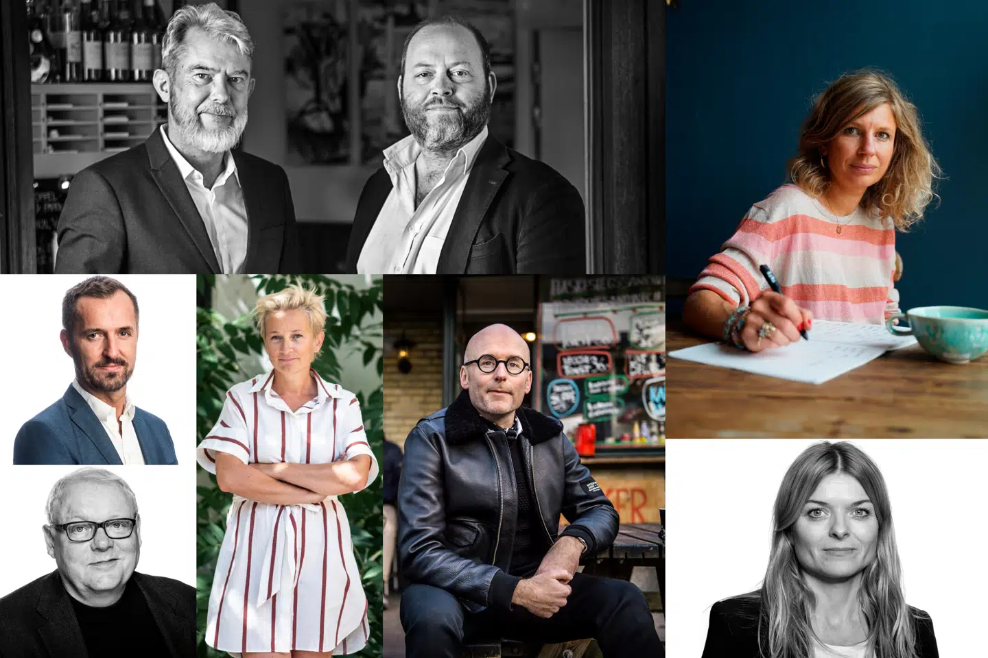 Årets jury er sammensat af journalister og redaktører fra AOK (kultur- og livsstilsredaktionen) og to udefra. Fra oven: Søren Jacobsen Damm og Søren Frank, Sine Gerstenberg, tv.: Jakob Steen Olsen og Torben Weirup, i midten Ane Cortzen og Chris Pedersen og til højre Katrine Irminger Sonne.