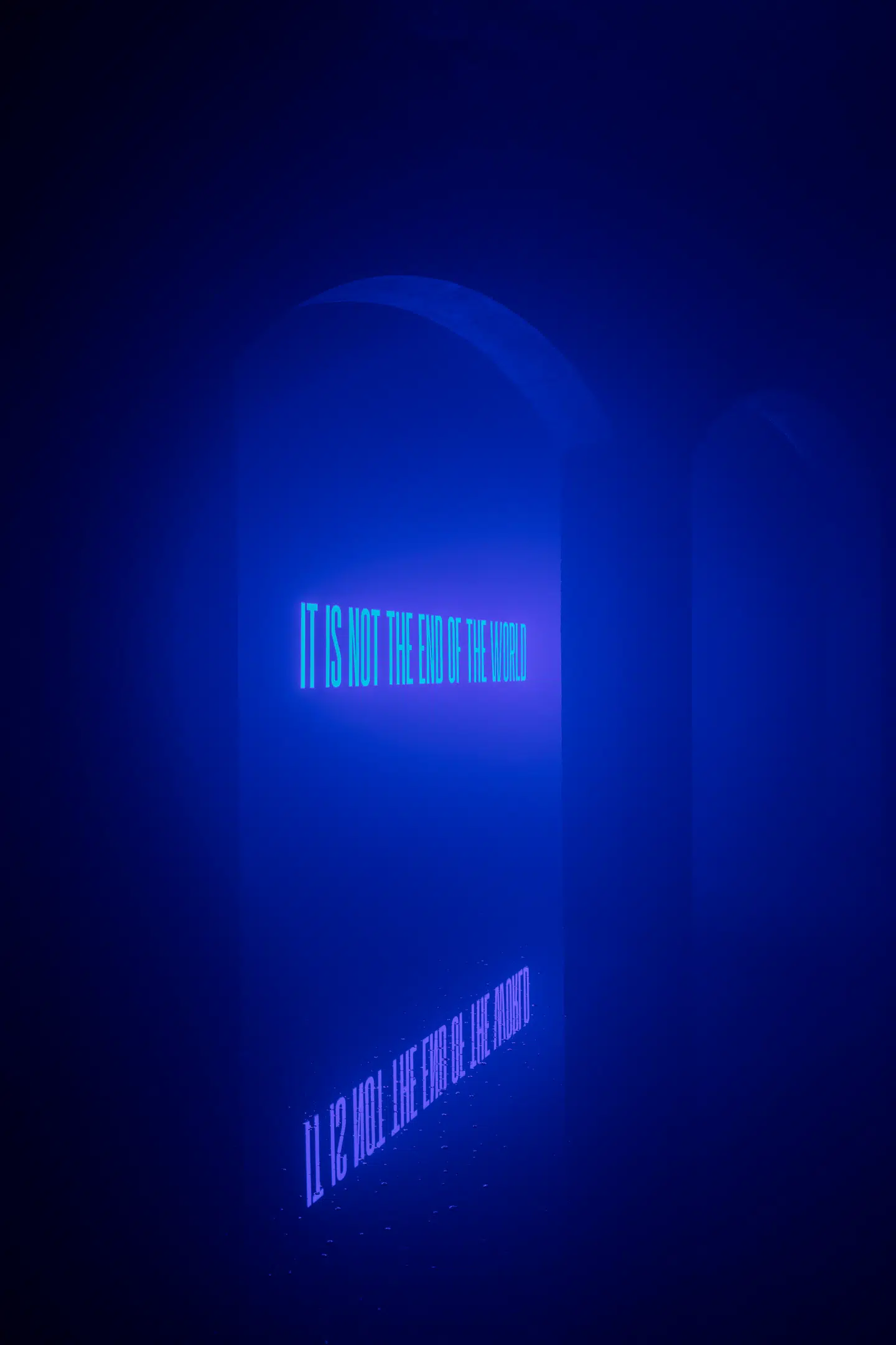 Udstillingens titel står bøjet i neon et sted i mørket i Cisternerne under Søndermarken på Frederiksberg. Budskabet er, at klimaforandringer måske ikke er Jordens ende, men blot menneskehedens.