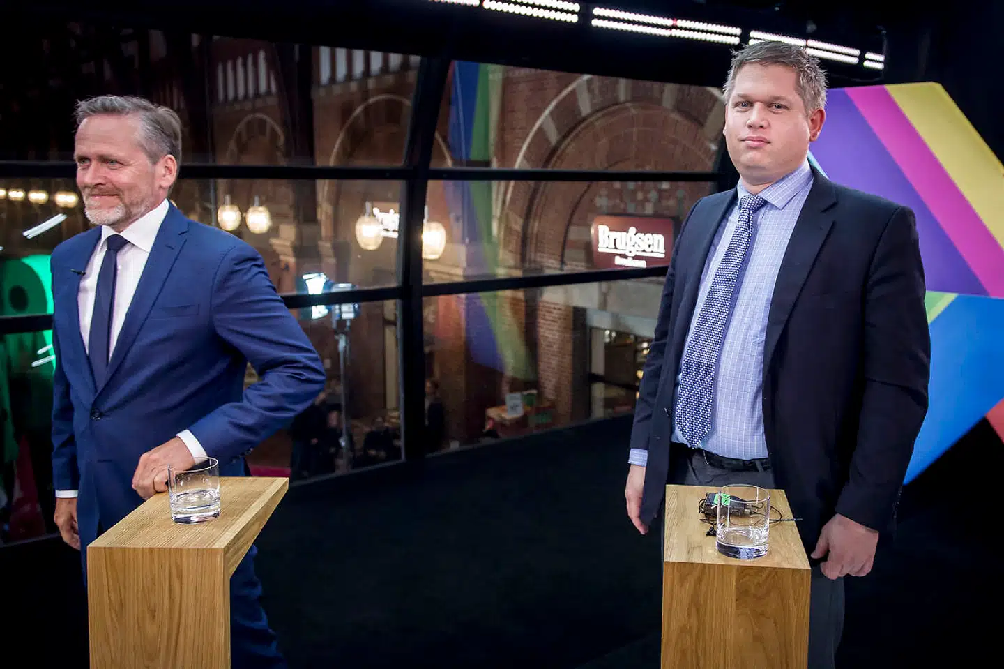 Anders Samuelsen og Rasmus Paludan efter partilederdebat hos TV 2 på Hovedbanegården i København tirsdag den 7. maj 2019.