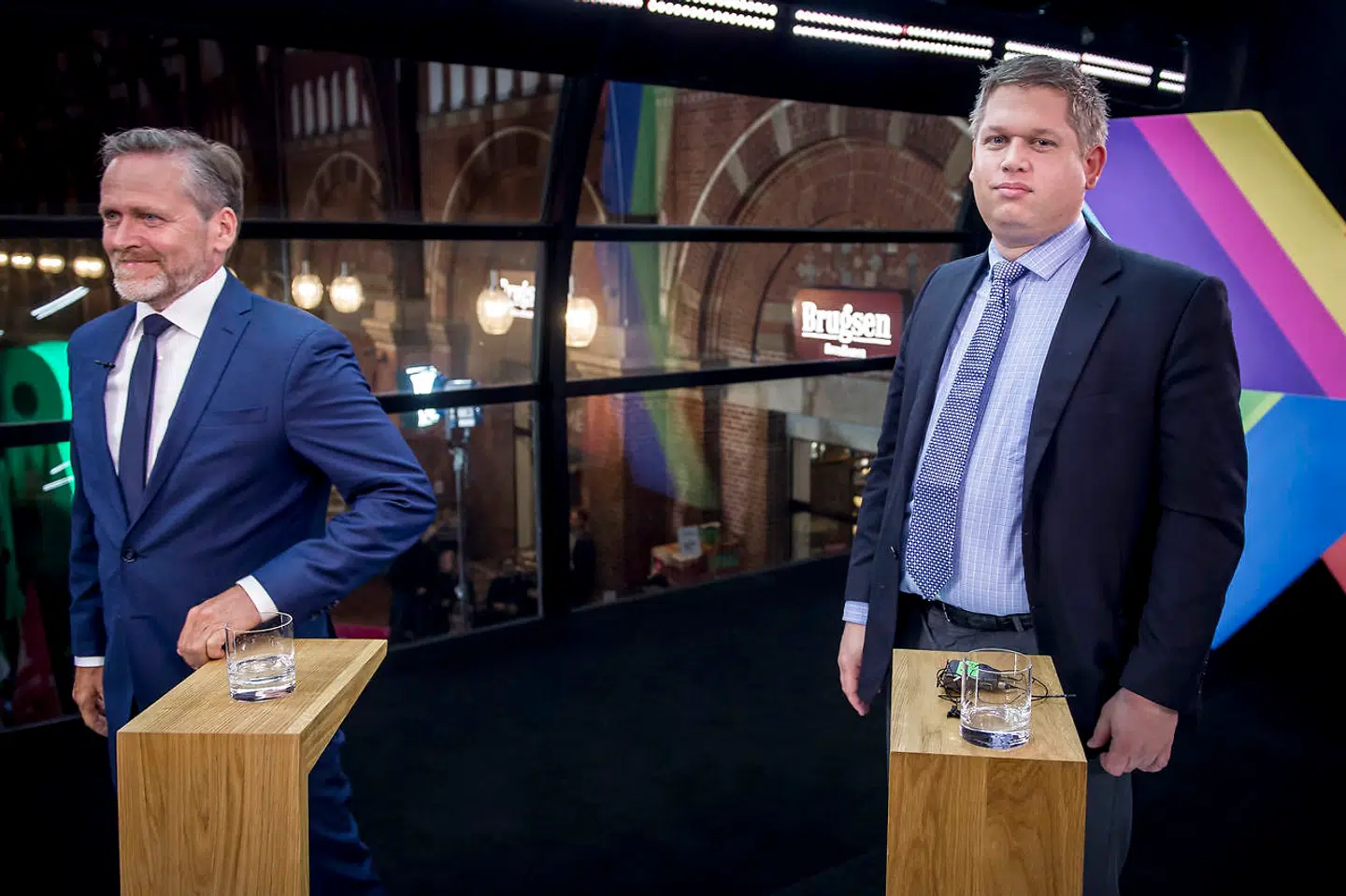 Anders Samuelsen og Rasmus Paludan efter partilederdebat hos TV 2 på Hovedbanegården i København tirsdag den 7. maj 2019.