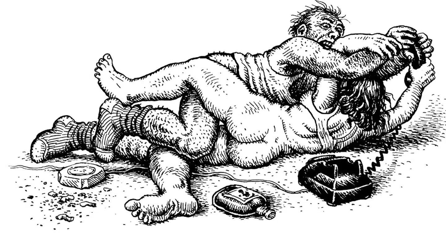 Robert Crumbs illustrationer til Charles Bukowskis noveller i bogen »Kærlighed og showbusiness«.