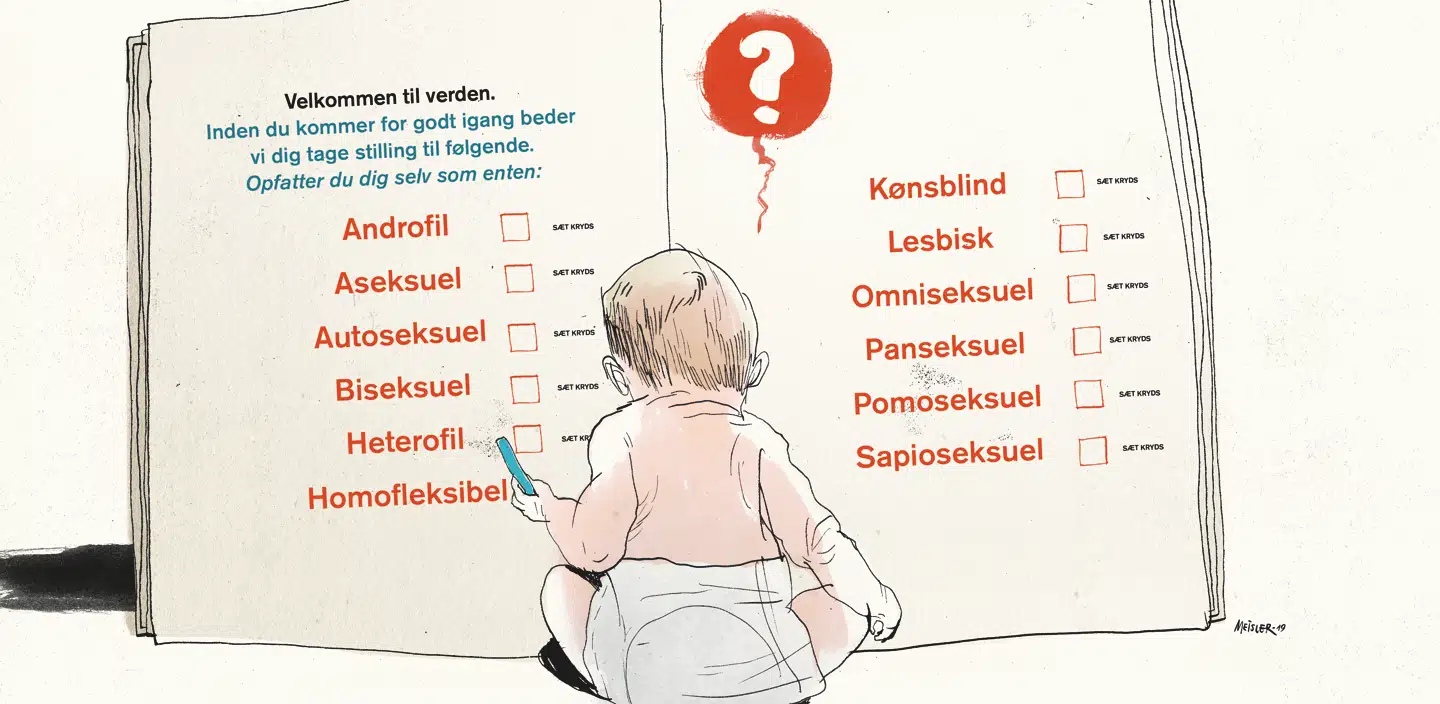 »Således kan vi i frihedens ophøjede navn være i færd med at opløse det rum, hvori et menneske i ro og mag kan blive sig selv,« skriver Sørine Gotfredsen. Tegning: Rasmus Meisler.