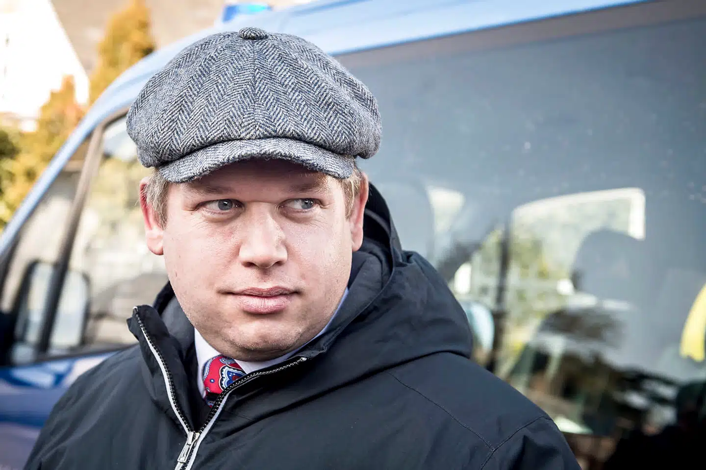 Rasmus Paludan fra Stram Kurs demonstrerer foran Gl. Hellerup gymnasium i Hellerup, onsdag den 17. april 2019.. (Foto: Mads Claus Rasmussen/Ritzau Scanpix)