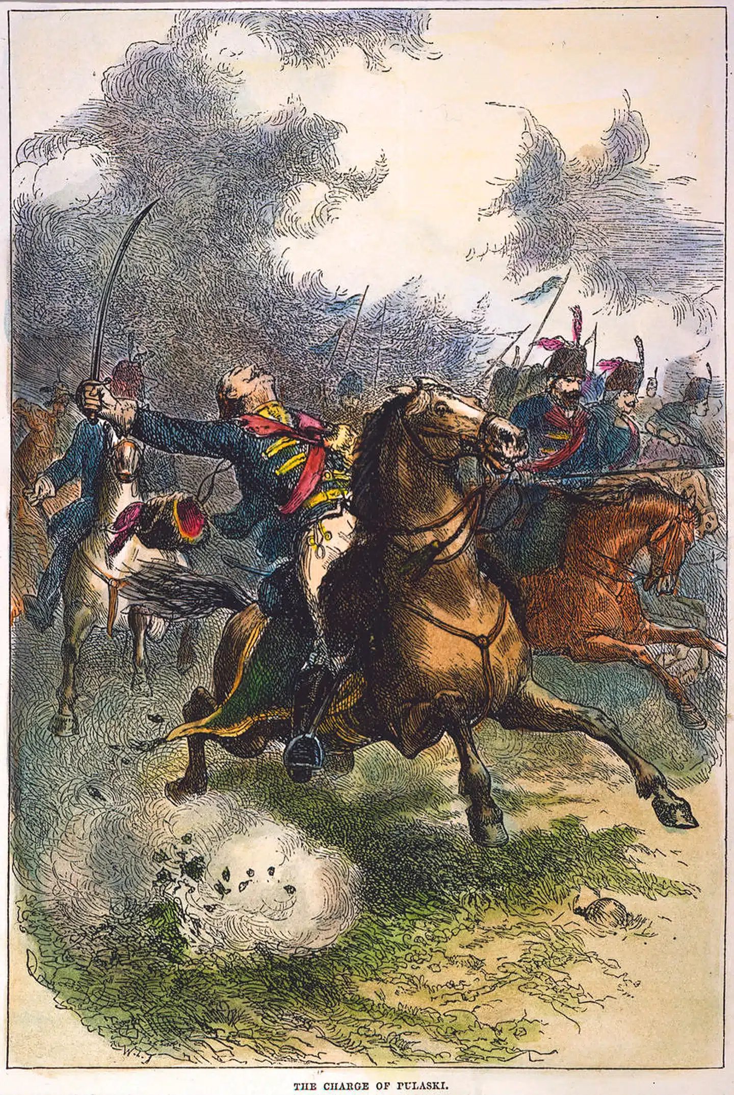 Casimir Pulaski blev dødeligt såret ved Slaget ved Savannah 9. oktober 1779. Stik fra 1800-tallet af Pulaski, der såres.