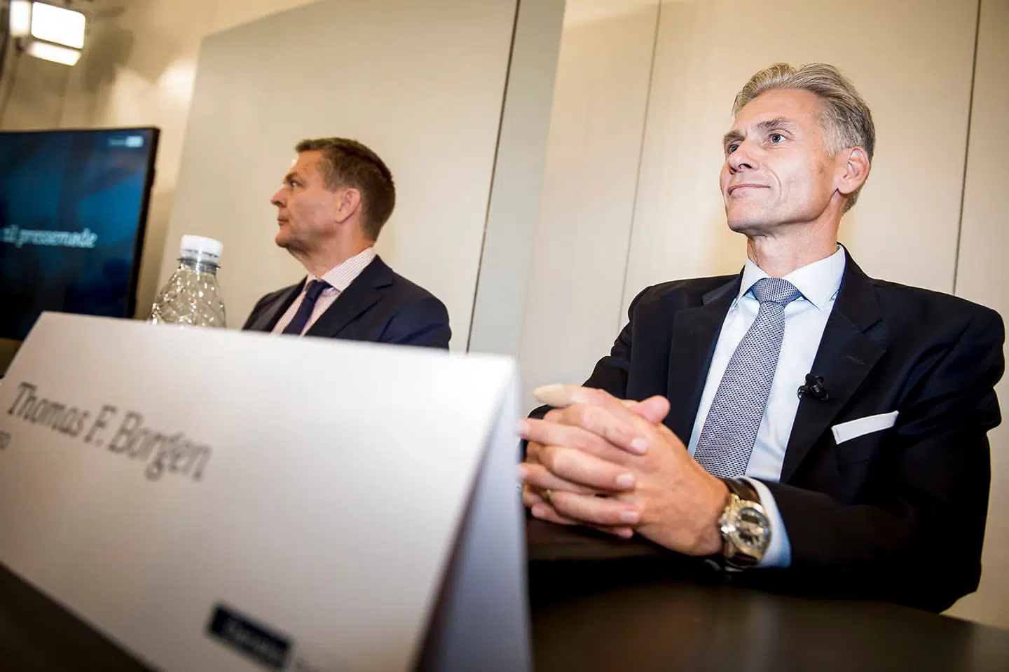 Søren Schultz Jørgensen fremhæver som eksempel på fremragende graverjournalistik Berlingskes afsløring af hvidvaskningssagen i Danske Bank. På fotografiet ses Thomas F. Borgen, afgående direktør i Danske Bank foran pressen inden pressemøde i Tivoli Kongres Center onsdag 19. september 2018.