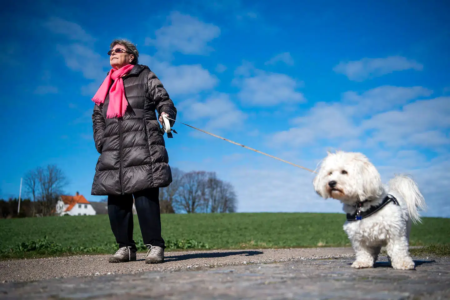 Lone Møller på tur med bomuldshunden, Oscar.