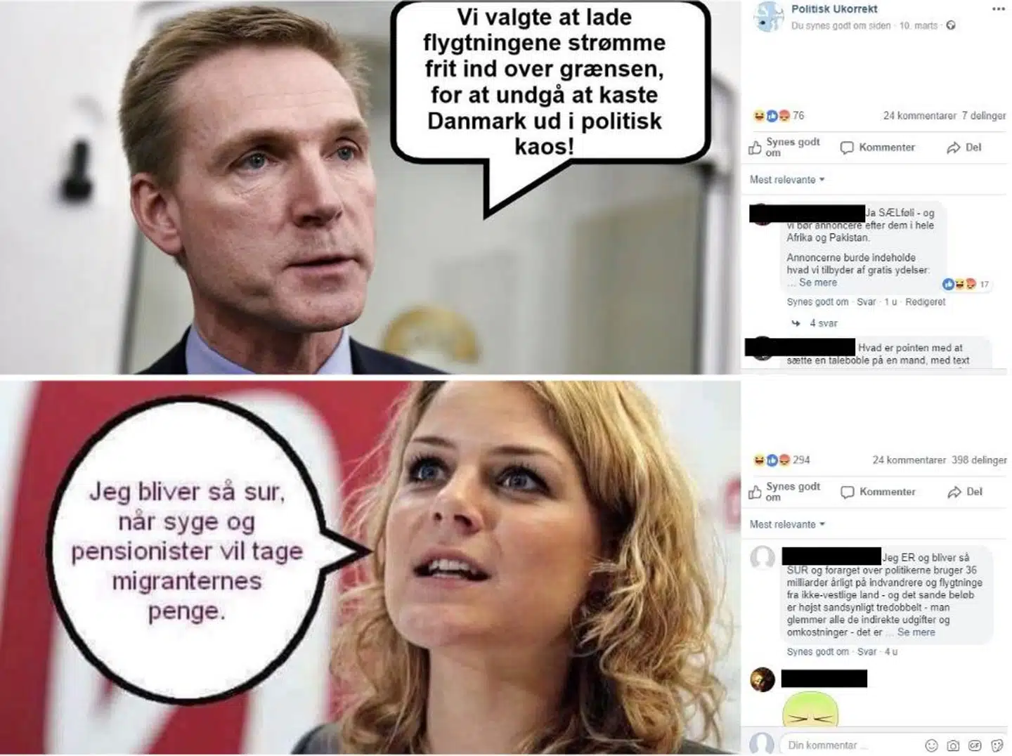 Siden »Politisk Ukorrekt« har blandt andet delt billederne herover. Citaterne er falske. Således har hverken Johanne Schmidt-Nielsen og Kristian Thulesen Dahl udtrykt sig sådan.