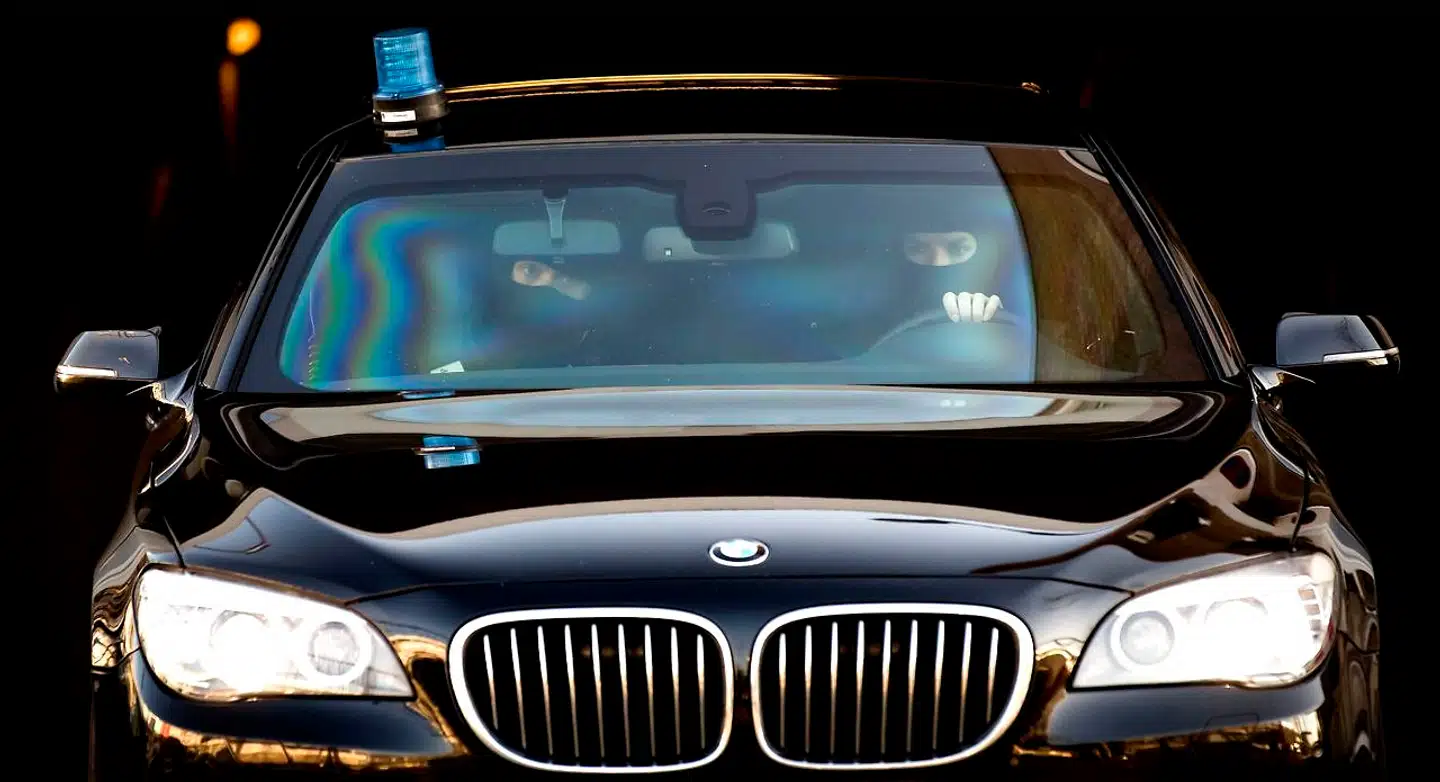 An unmarked police vehicle leaves the heavily secured courtroom in Amsterdam where the public prosecutors have held their indictment in the multiple liquidation case against Dutch criminal Willem Holleeder on February 14, 2019. (Photo by Koen van Weel / ANP / AFP) / Netherlands OUT