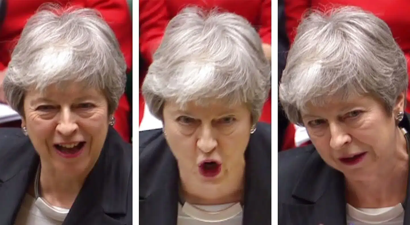 Tre facetter af Theresa May ved dagens debat i det britiske parlament. »Det var helt ekstraordinære scener,« som Daily Telegraphs politiske korrespondent skrev.