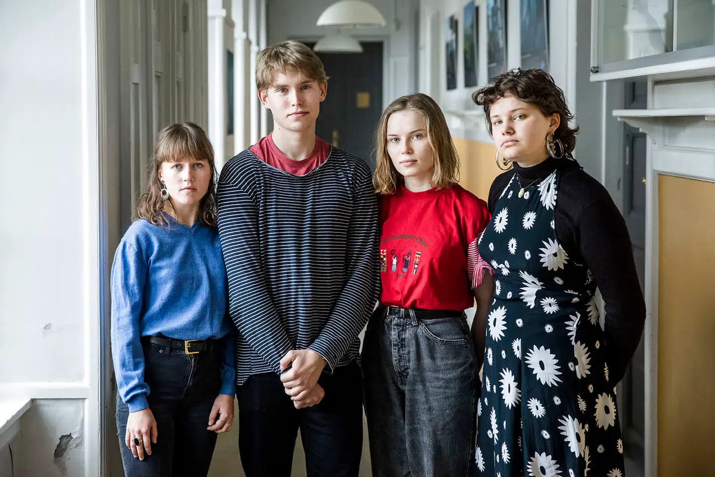 Fra venstre: Liv Rendal Nielsen, Malthe Harbison-Hansen, Eva Beyer Paulsen og Rikke Damgaard Nielsen fra Roskilde Gymnasium. Skoleelever i omkring 82 lande verden over strejker fredag for klimaet. De unge kæmper for at få skabt opmærksomhed om klimakrisen og presse politikere til at handle mere, end de taler. Malthe, Eva og Rikke har alle været med til at arrangere skolestrejken i Roskilde.