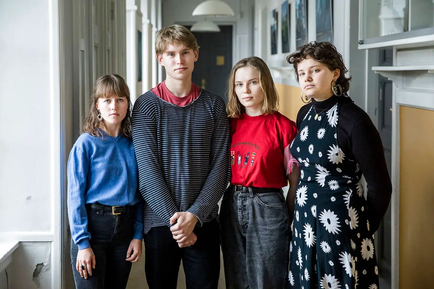 Fra venstre: Liv Rendal Nielsen, Malthe Harbison-Hansen, Eva Beyer Paulsen og Rikke Damgaard Nielsen fra Roskilde Gymnasium. Skoleelever i omkring 82 lande verden over strejker fredag for klimaet. De unge kæmper for at få skabt opmærksomhed om klimakrisen og presse politikere til at handle mere, end de taler. Malthe, Eva og Rikke har alle været med til at arrangere skolestrejken i Roskilde.