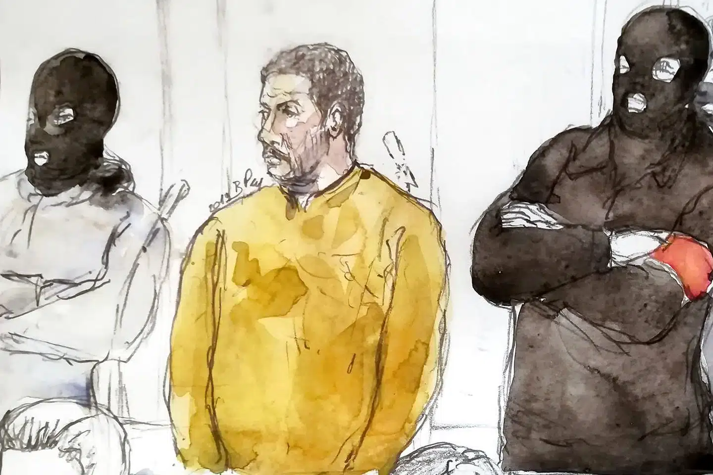 En retstegning viser Mehdi Nemmouche, der er tiltalt for at stå bag et terrorangreb begået på Det Jødiske Museum i Bruxelles i 2014. Den 33-årige franskmand med algeriske rødder risikerer livstid, hvis han kendes skyldig i dag.