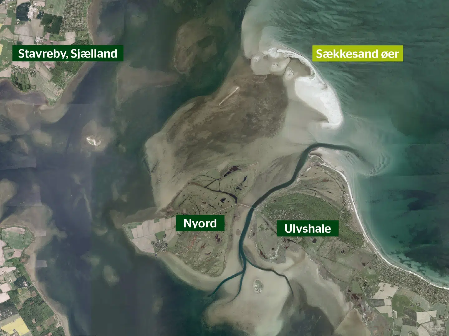 Kort over det nordlige Møn ved Ulvshale viser, hvor seks af de 11 nye øer er opstået - Sækkesand.