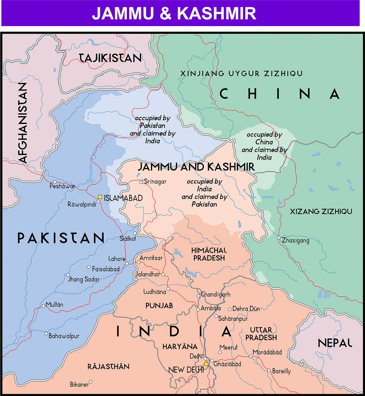 Kort over den omstridte region Kashmir. Pakistan (blå), Indien (orange) og Kina (grøn) har hver en del af regionen, som her er angivet i en lysere nuance af de tre farver.