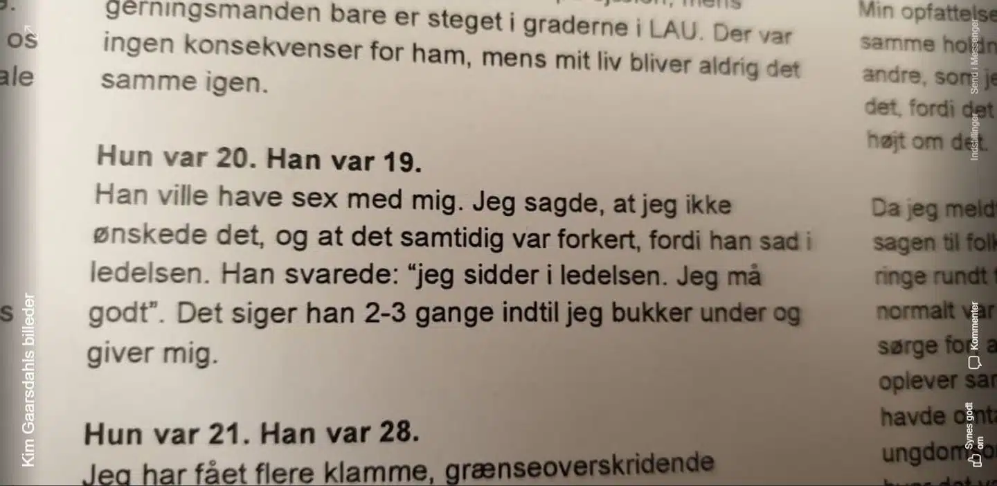 Screendump af det anonyme vidnesbyrd fra Kim Gaarsdahls opslag. Opslaget er siden blevet fjernet.