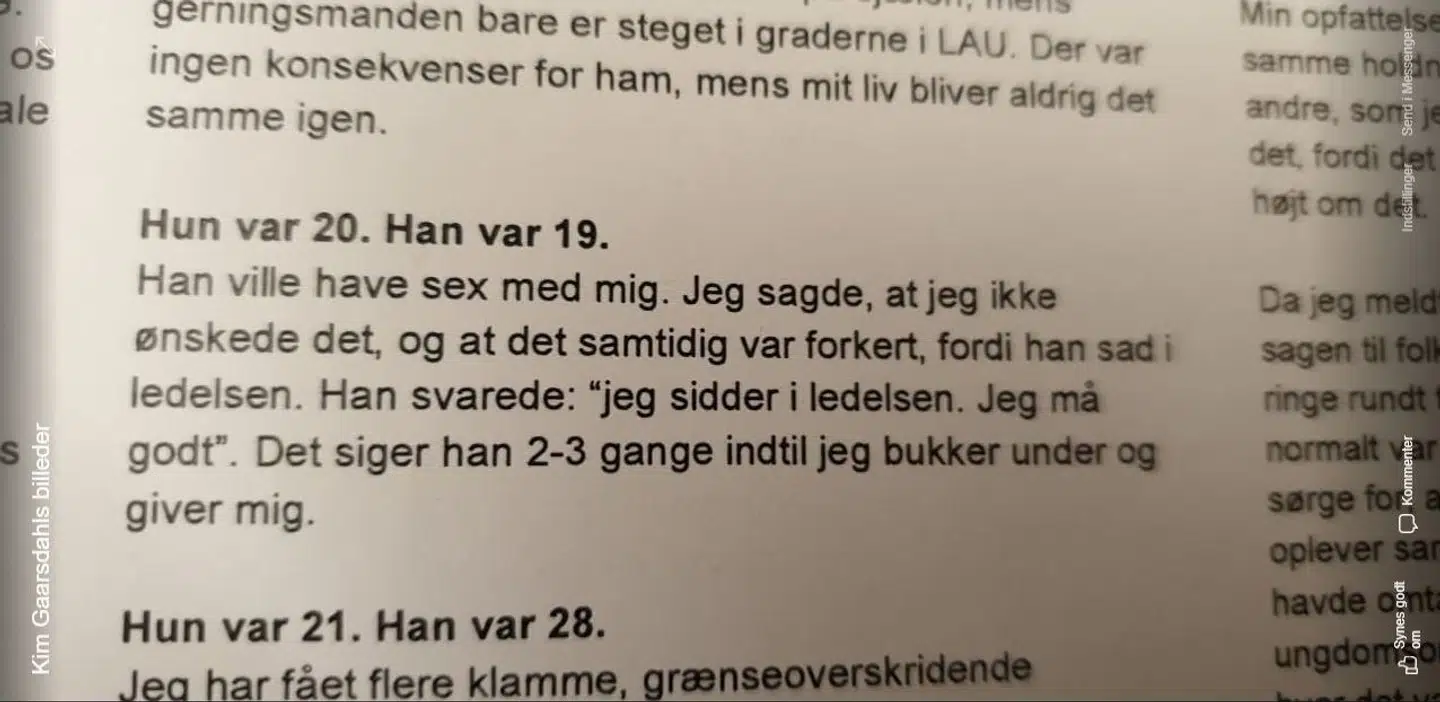 Screendump af det anonyme vidnesbyrd fra Kim Gaarsdahls opslag. Opslaget er siden blevet fjernet.