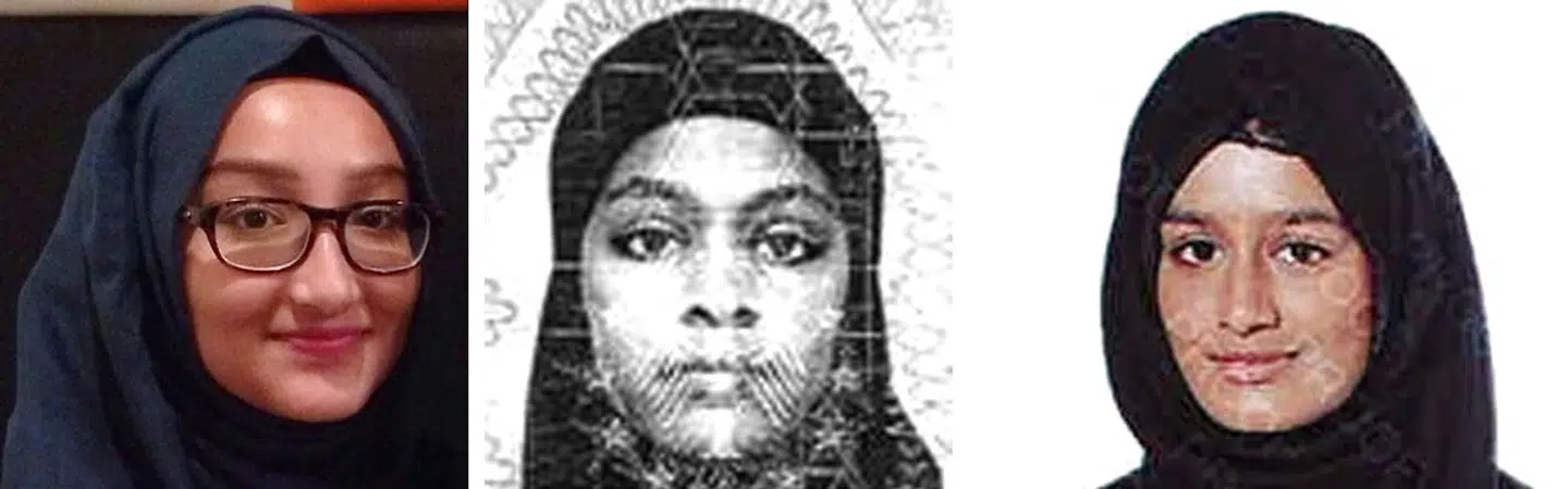 Politiet i London offentliggjorde i februar 2015 dette efterlysningsfoto af de tre piger, som var stukket af – den 17-årige Kadiza Sultana (t.v.) og de to 15-årige piger Amira Abase og Shamima Begum. Året forinden var en anden pige rejst fra den samme skole i Østlondon til Raqqa i kalifatet.