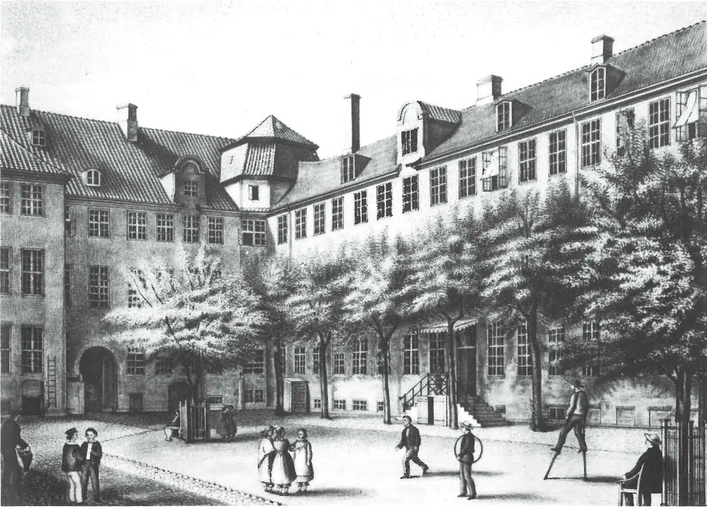 Købmagergade 44 - i 1805 blev ejendommen solgt til Det Kongelige Vajsenhus og fungerede herefter som skole og hjem for forældreløse børn. Litografi fra ca. 1840.