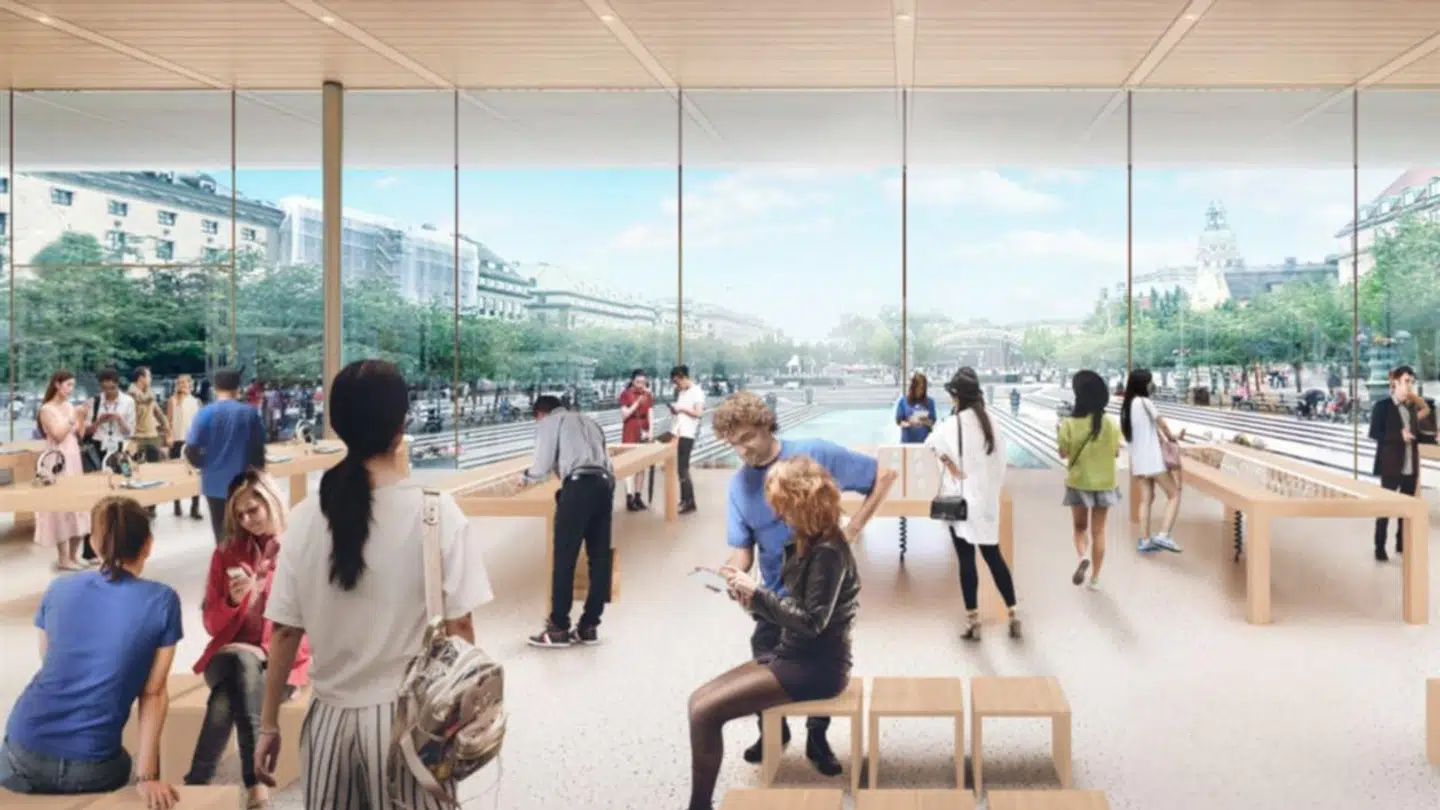 Sådan skulle der have set ud inde i og inde fra Apple-butikken midt i en af Stockholms store parker. Arkivfoto: Apple/Foster & Partners