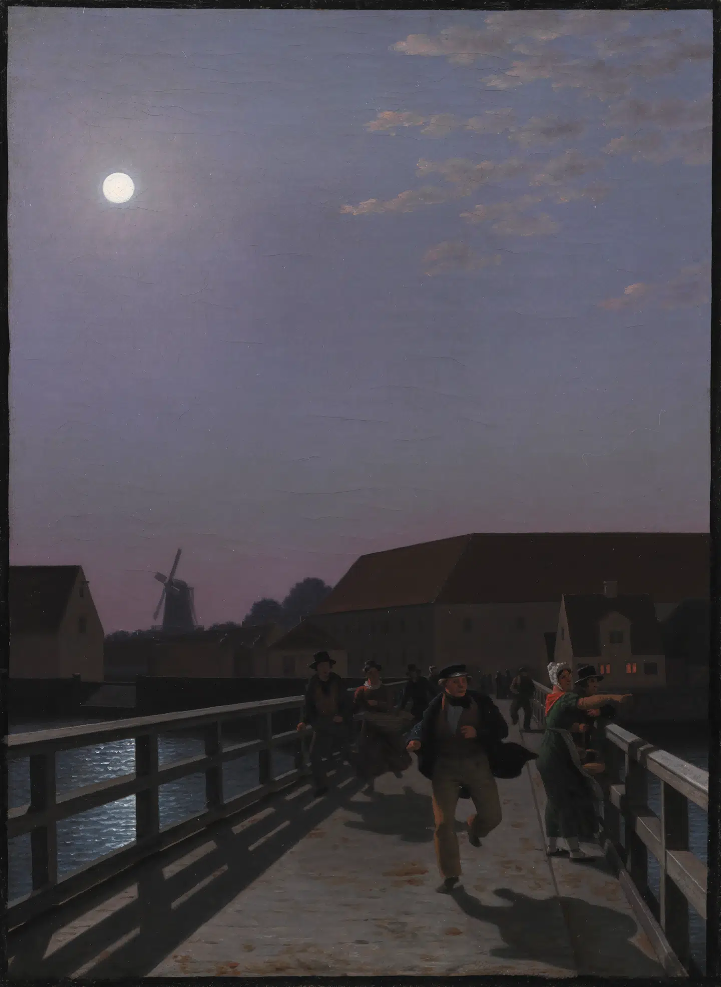 Guldaldermaleren C.W. Eckersberg brugte Langebro som motiv i dette billede fra 1836 - »Langebro i måneskin med løbende figurer« - der tilhører Statens Museum for Kunst.
