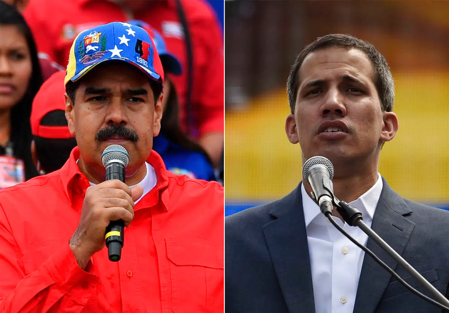Præsident Nicolas Maduro (tv.) og parlamentsformand Juan Guaidó har nu i snart to uger ført nervekrig om magten i Venezuela. Foreløbig har volden været relativt begrænset –men vil det fortsætte? Arkivfoto: Yuri Cortez og Juan Barreto/AFP/Ritzau Scanpix