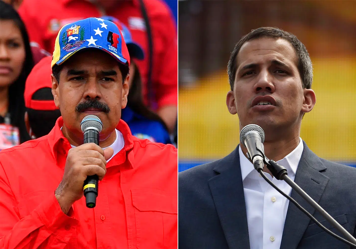 Præsident Nicolas Maduro (tv.) og parlamentsformand Juan Guaidó har nu i snart to uger ført nervekrig om magten i Venezuela. Foreløbig har volden været relativt begrænset –men vil det fortsætte? Arkivfoto: Yuri Cortez og Juan Barreto/AFP/Ritzau Scanpix