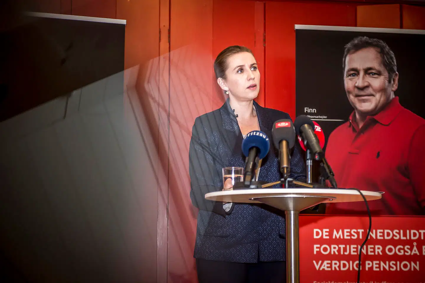 Socialdemokratiets formand Mette Frederiksen præsenterer udspillet »De mest nedslidte fortjener også en værdig pension« på et pressemøde på Plejecenter Sølund i København 22. januar 2019.