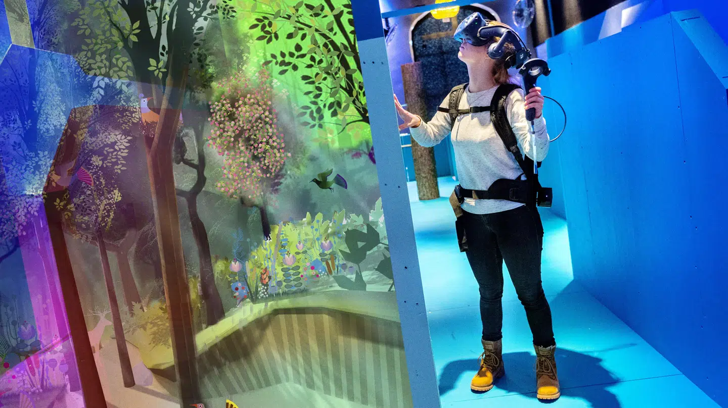 Til venstre på billedet ses en del af den eventyrverden, du bliver lukket ind i, når du tager virtual reality-brillerne på. Til højre ses de omgivelser, du i virkeligheden befinder dig i.